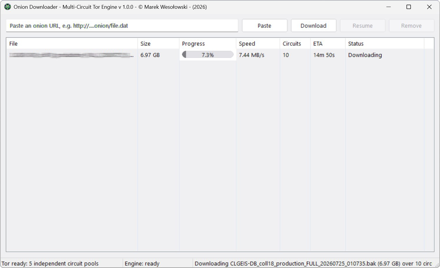 Onion Downloader graphical interface downloading a 6.97 GB file over ten Tor circuits