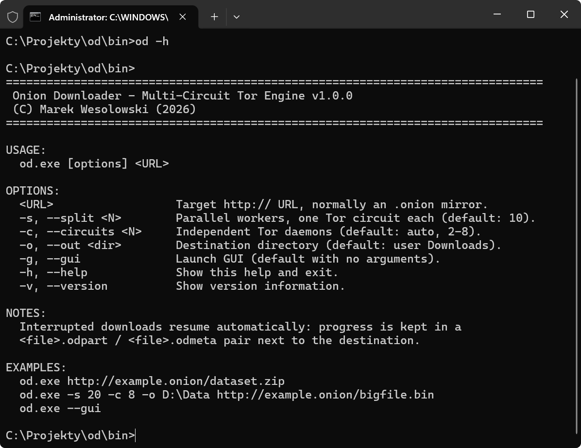 Onion Downloader command-line help screen